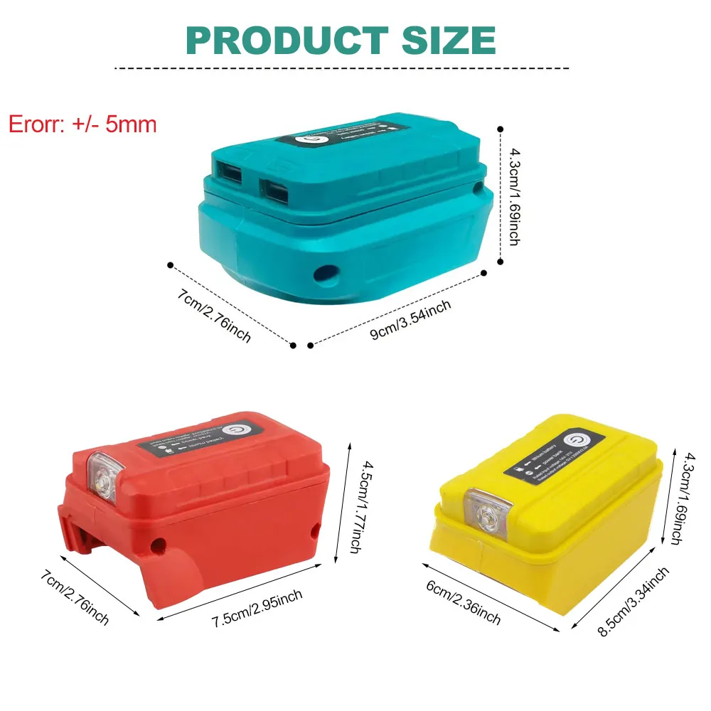 Portable Battery Adapter for Makita/DeWalt/Milwaukee 18V/20V lithium battery , with Dual USB Output Ports and LED Working Light