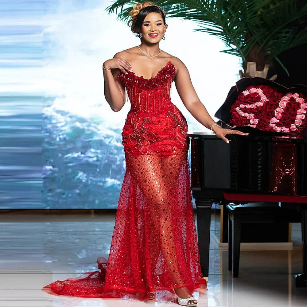 Stunning Red Prom Dresses With Beads Tassels Sequined African Women Formal Wedding Party Dress Valentine\'s Day Evening Gowns