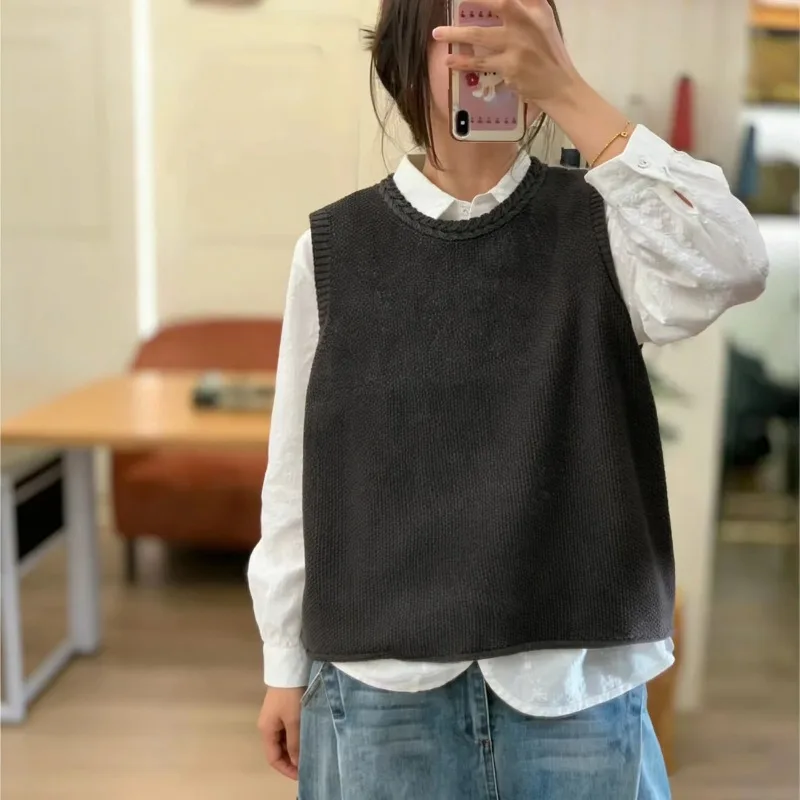 Women Crew Neck Knit Vest Solid Color Cotton Thread Sleeveless Sweater Casual Versatile Layering Outerwear Spring Autumn Tops
