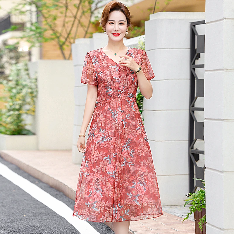 Women's V-Neck Mesh Floral Slim Dress Summer Boho A-Line Dresses Elegant Korean Fashion Beach Mid Length Female Vestidos