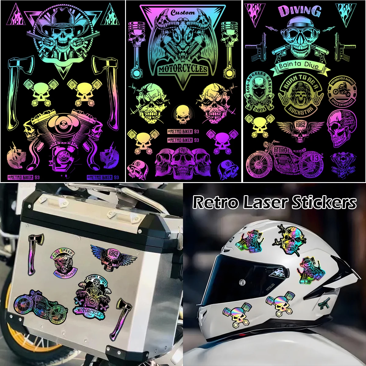 Retro Skull Rider Laser Rainbow Motorrad Aufkleber Moto Bike Body Helm Aufkleber Zubehör für Harley Triumph Royal-Enfield