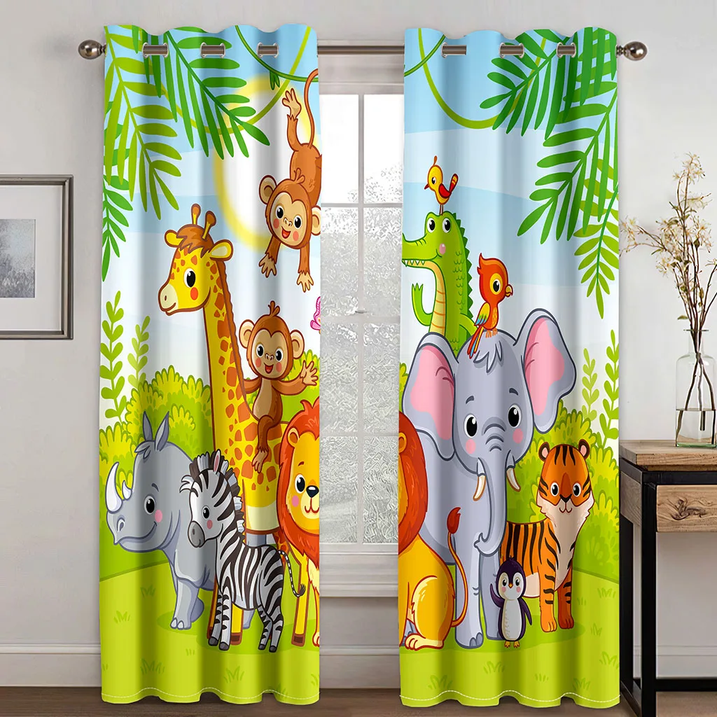 2 pcs Cartoon Animals Safari Jungle Forest Window Curtains For Living Room Kids Bedroom Kicthen Study Kindergarten Home Decor