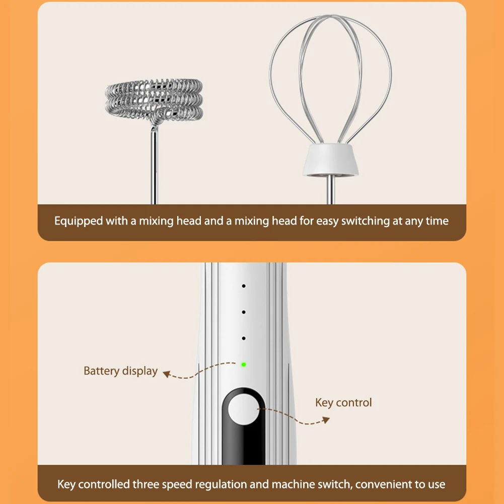 خلاط مشروبات كهربائي 3 سرعات محرك صغير السواط قابل للتعديل USB قابلة للشحن 14000 دورة في الدقيقة 1500 مللي أمبير مع TYPE-C/رأس خلط لاسلكي