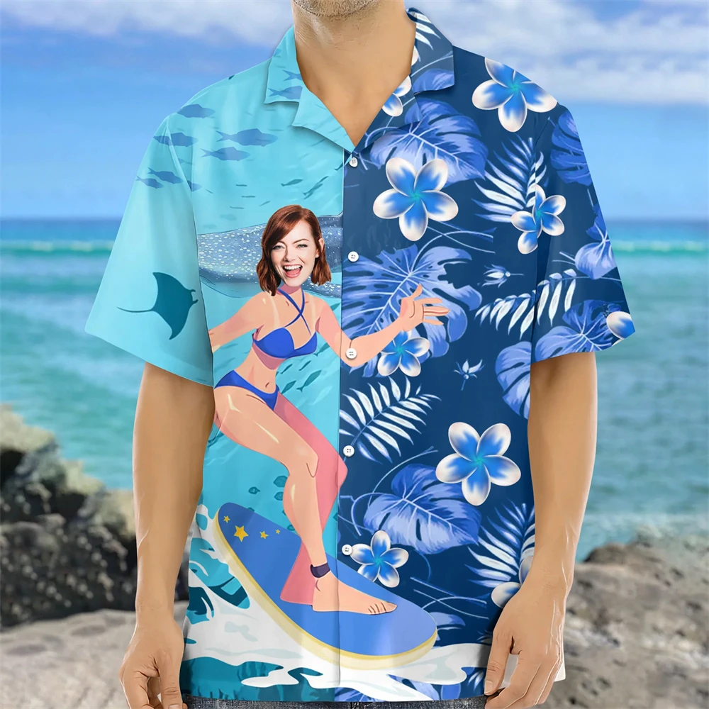 2026 Men Hawaiian Shirt 3D Surf Girl Print Short Sleeve Aloha Top Summer Beach Vacation Casual Plus Size Daily Streetwear Blouse