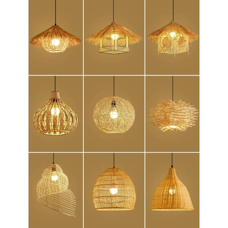 

Creative personality straw hat lamp retro rattan chandelier nostalgic art lampshade antique lamp B&B hotel bamboo lamps