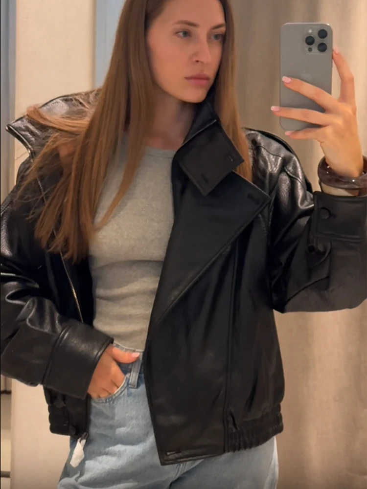 

Women Fashion High Neck Leather Jackets Maxi Sleeves Pocket Zipper Loose Coats 2025 New Autumn Chic Lady Daily Street Outwear