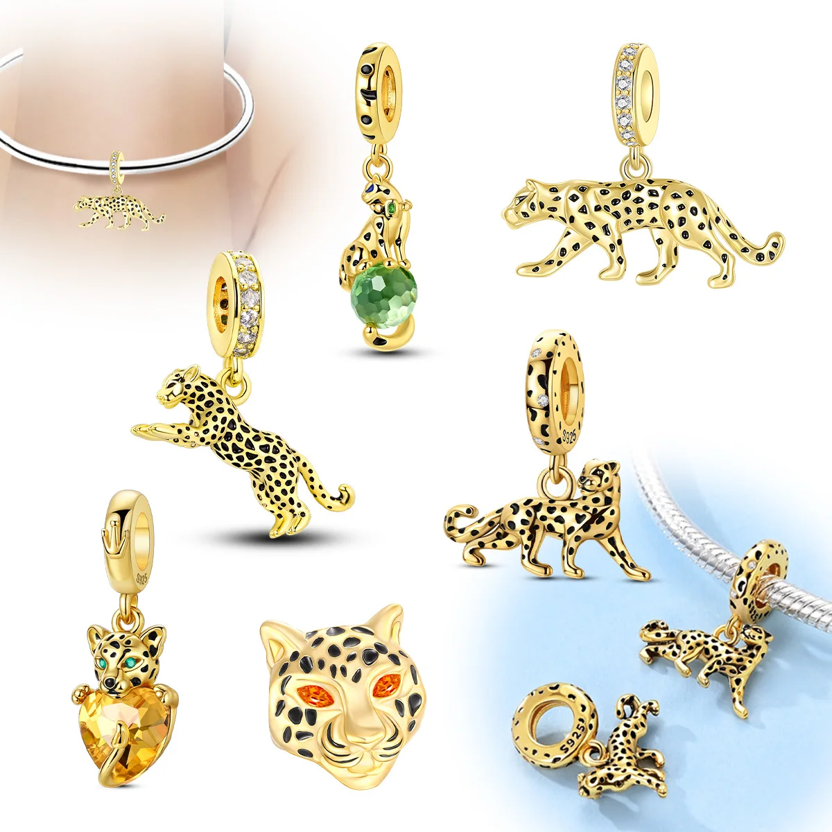 

S925 sterling silver Golden cheetah leopard series Pendant Charms Beads Fit 925 Original Bracelet DIY Jewelry Women's gift