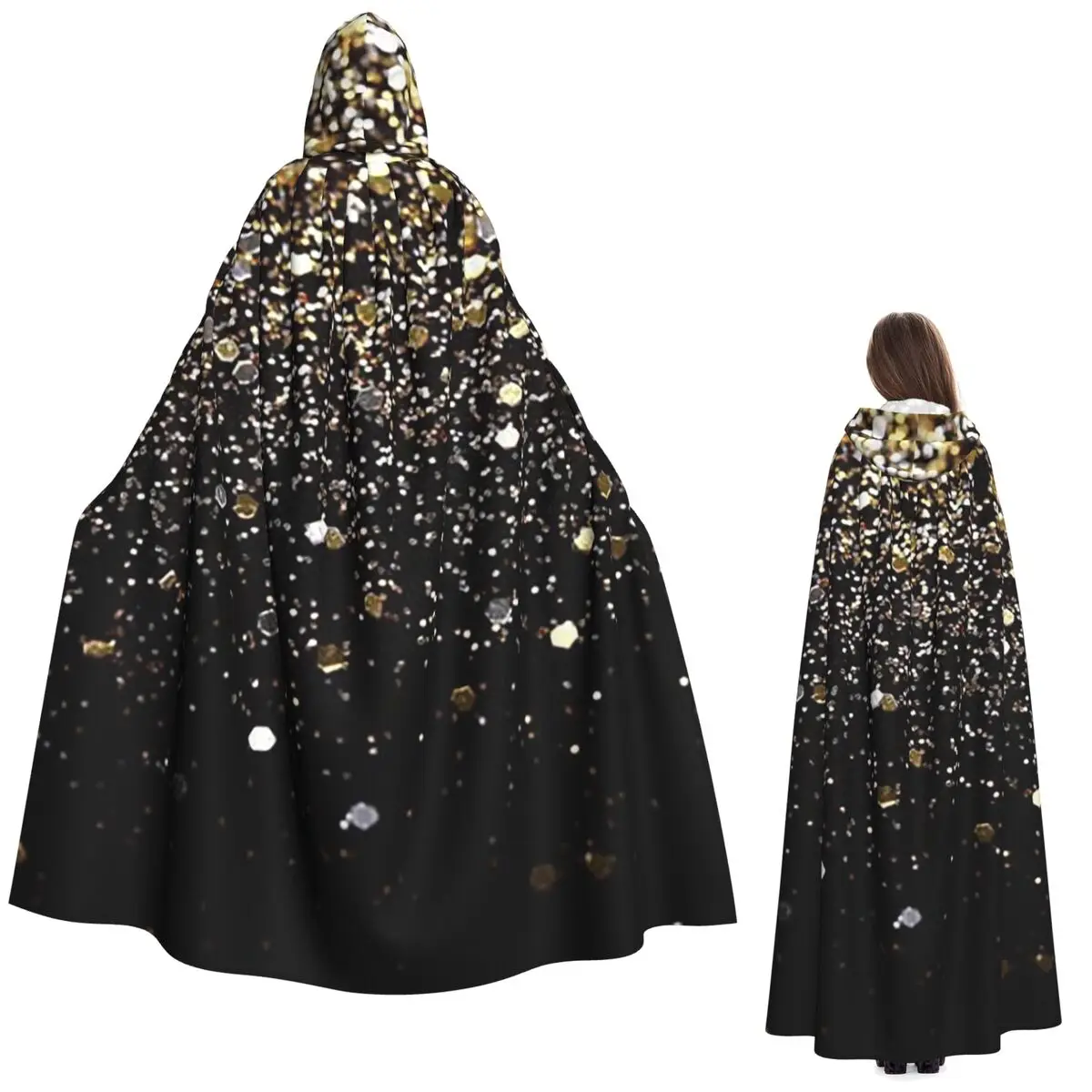 

Gold Glitter Printing Long Hooded Cloak Witch Medieval Costume Cosplay Cape HalloweenCoat Adult Unisex