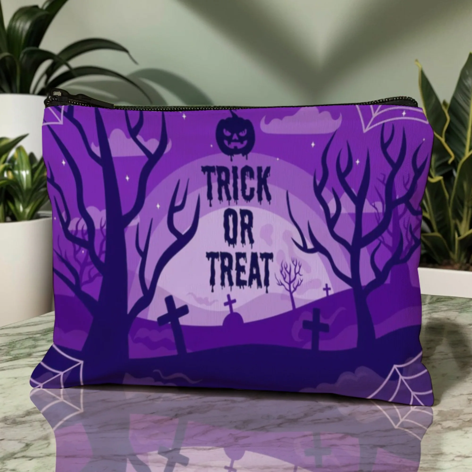 Borsa per cosmetici viola horror di Halloween "Trick or Treat" e zucca Cimitero Alberi nudi Modello ragno Stampa compatta per borse
