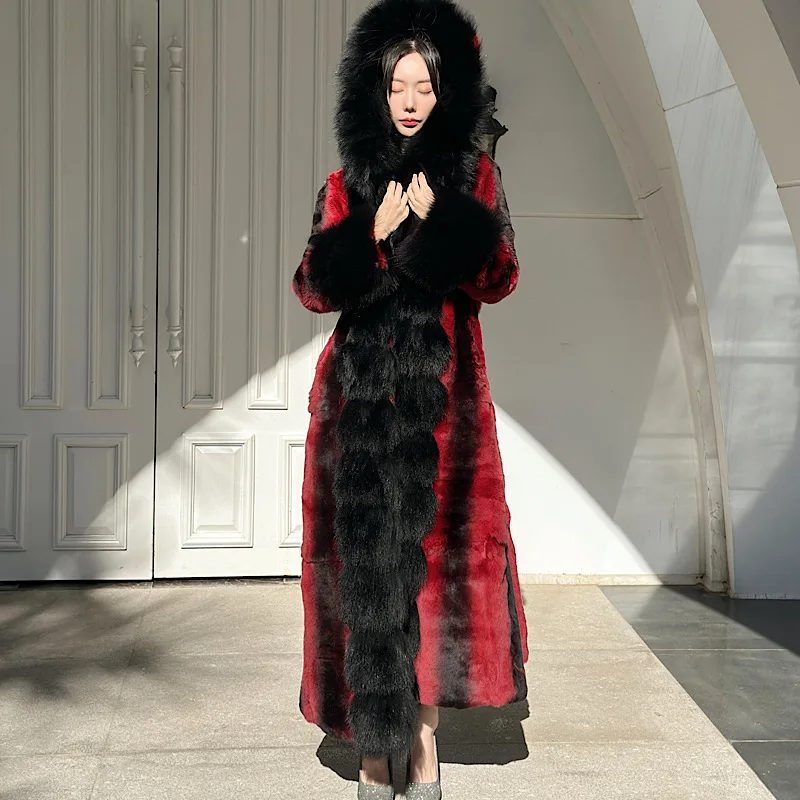 Winter Women Real Rex Rabbit Fur Coats With Fox Hooded Natural Whole Skin Genuine  Long Jackets Overcoat Fashion 2023 Women