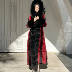 Winter Women Real Rex Rabbit Fur Coats With Fox Hooded Natural Whole Skin Genuine  Long Jackets Overcoat Fashion 2023 Women