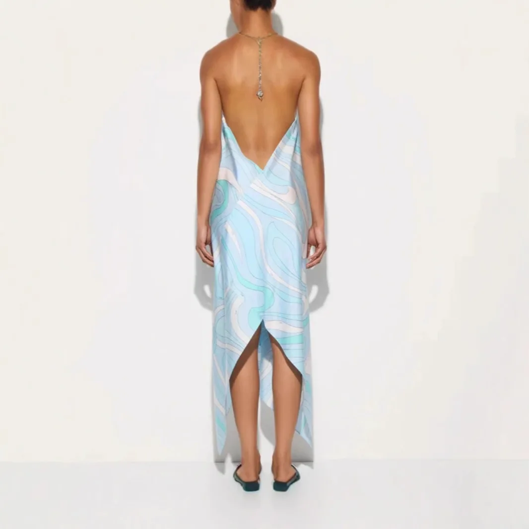 Abito lungo irregolare allentato con stampa modello di moda Abito da donna sexy con scollo all'americana e spalle scoperte Abito da festa estivo senza schienale Boho