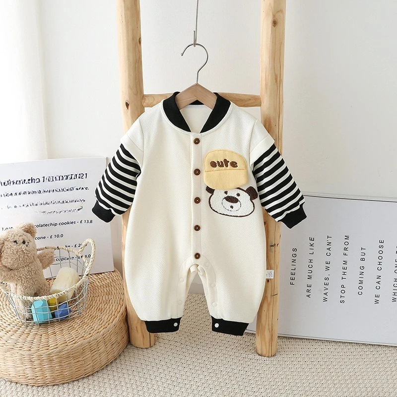 Unisex Baby Twill Cozy Spring-Fall Romper Boys & Girls Cute Bear & Letter Pattern Jumpsuit Infant Soft Round Neck Bodysuit