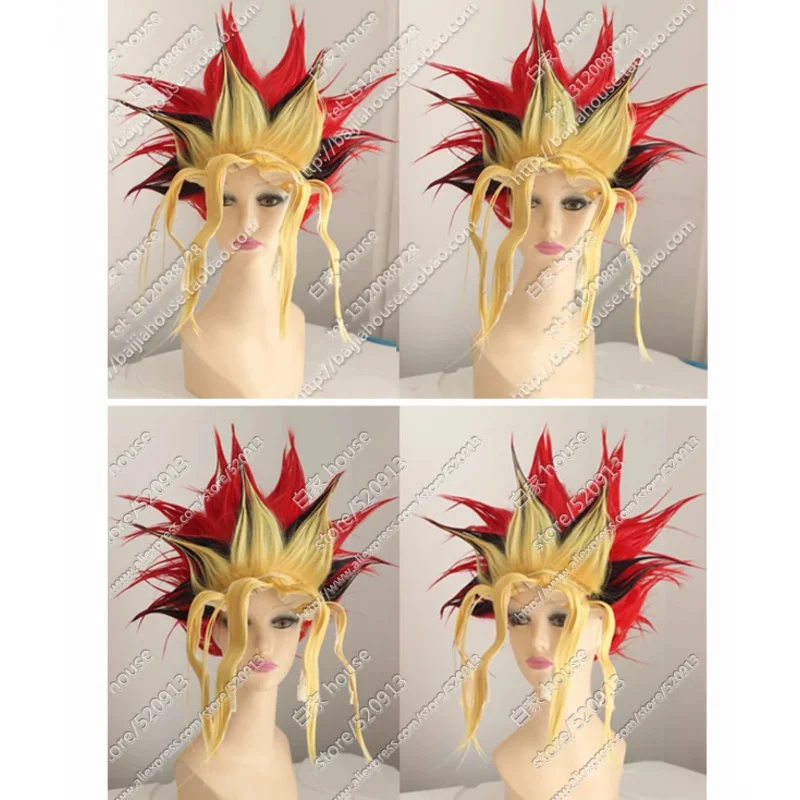 يو غي أوه! مبارزة الروابط Arc-V Jaden Yuki Yuki Judai Mutou Yuugi Aibo شعر مستعار تأثيري ساكاكي Yuuya مقاومة للحرارة خصلات الشعر المستعار + قبعة شعر مستعار