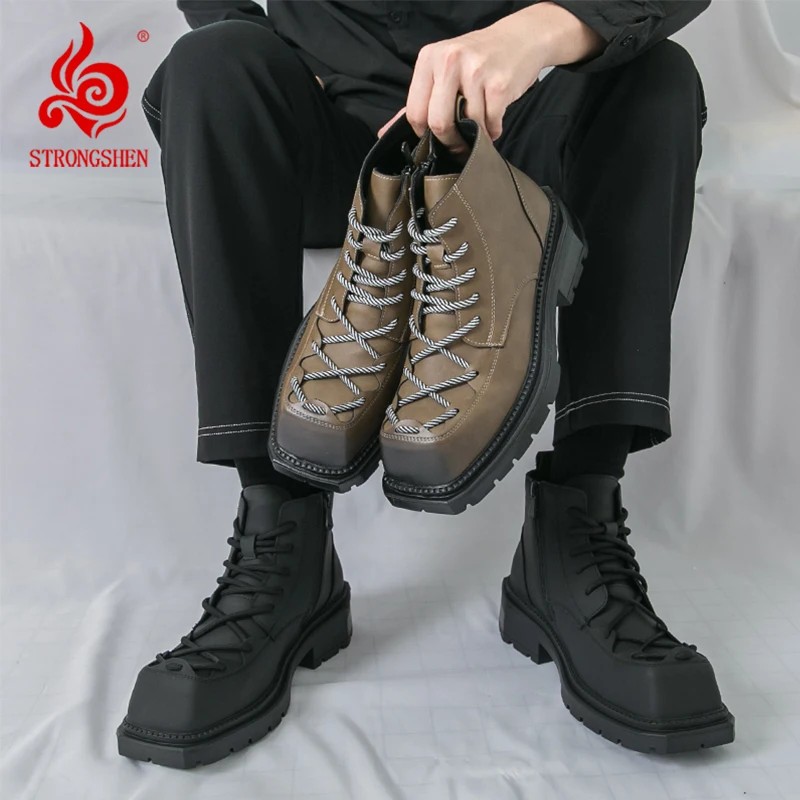

Fashion Brand Men Square Head Boots Thick Soled Anti Slip Outdoor Boots Comfortable Lace Up Side Zipper High Top Leather Shoes