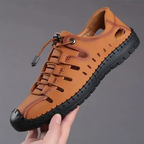 

Мягкая обувь из натуральной кожи с отверстиями, дышащая мужская обувь с закрытым носком, уличное новое поступление, оригинальная покупка, мужские сандалии