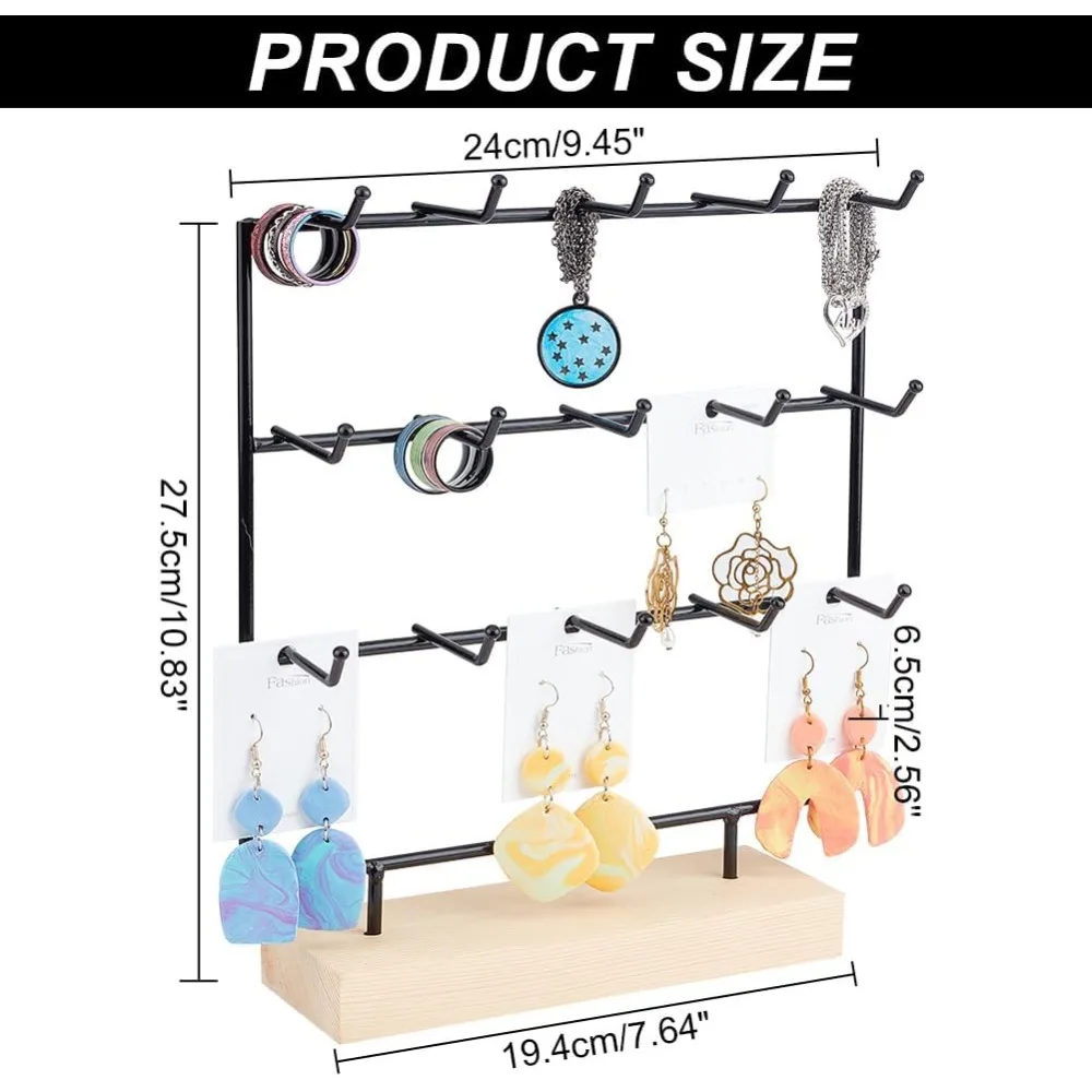 1Pc 3-Tier 15-Hook Earring Display Holder Wooden Basement Earring Card Stand Iron Construction Earring Storage Rack Rectangle