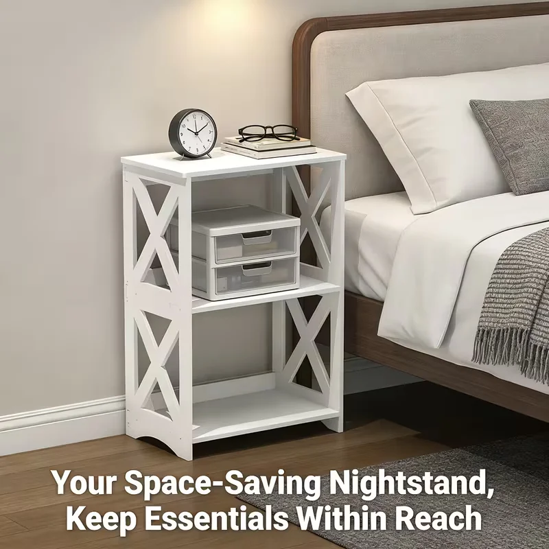 White Nightstand with 3-Tier Storage Shelf, Farmhouse Side Table End Table for Bedroom, Living Room, Small Space, Bathroom Organ view 2
