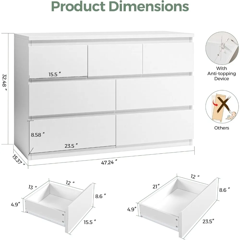 Modern White 7 Drawer Dresser Wood Storage Chest for Bedroom Living Room Hallway Entryway