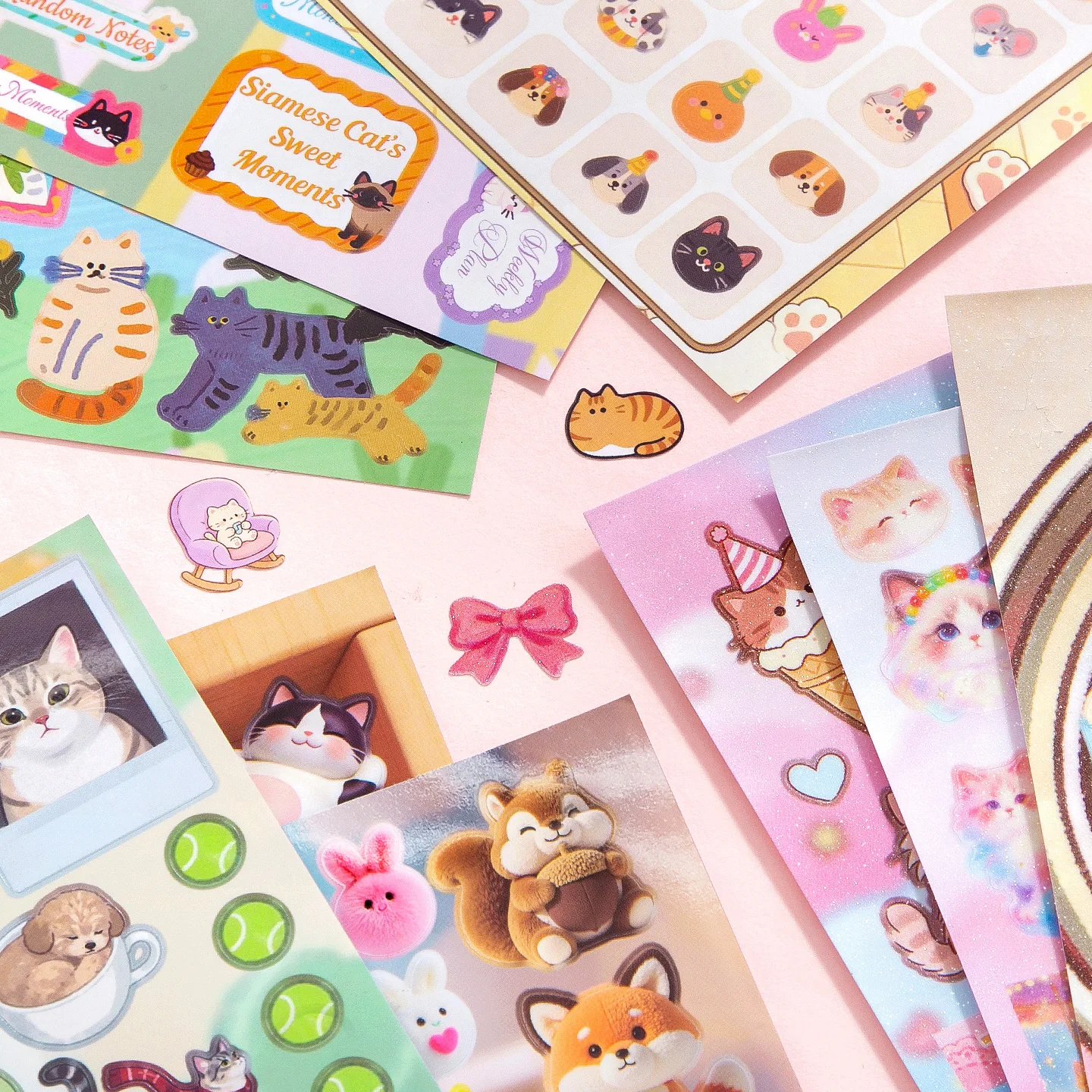30Pcs Cute Cartoon Cat Coated Paper Sticker Book, Kawaii Kitten with Cake Gifts Decals for Junk Journal Collage Decoration