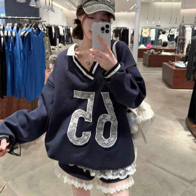 High Quality Korean College Hoodie High Street V-neck Lace Stitching Sweatshirt Loose Oversized Baseball Navy Tops Sweet Women