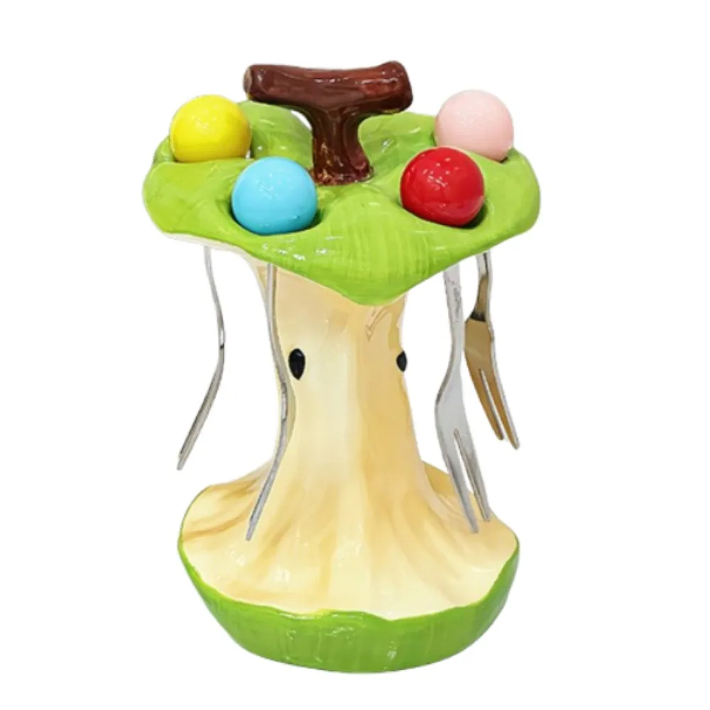 

Creative Colorful Fruit Fork Set Comfortable Grip Portable Dessert Fork with Holder Decorative Ceramic Holder
