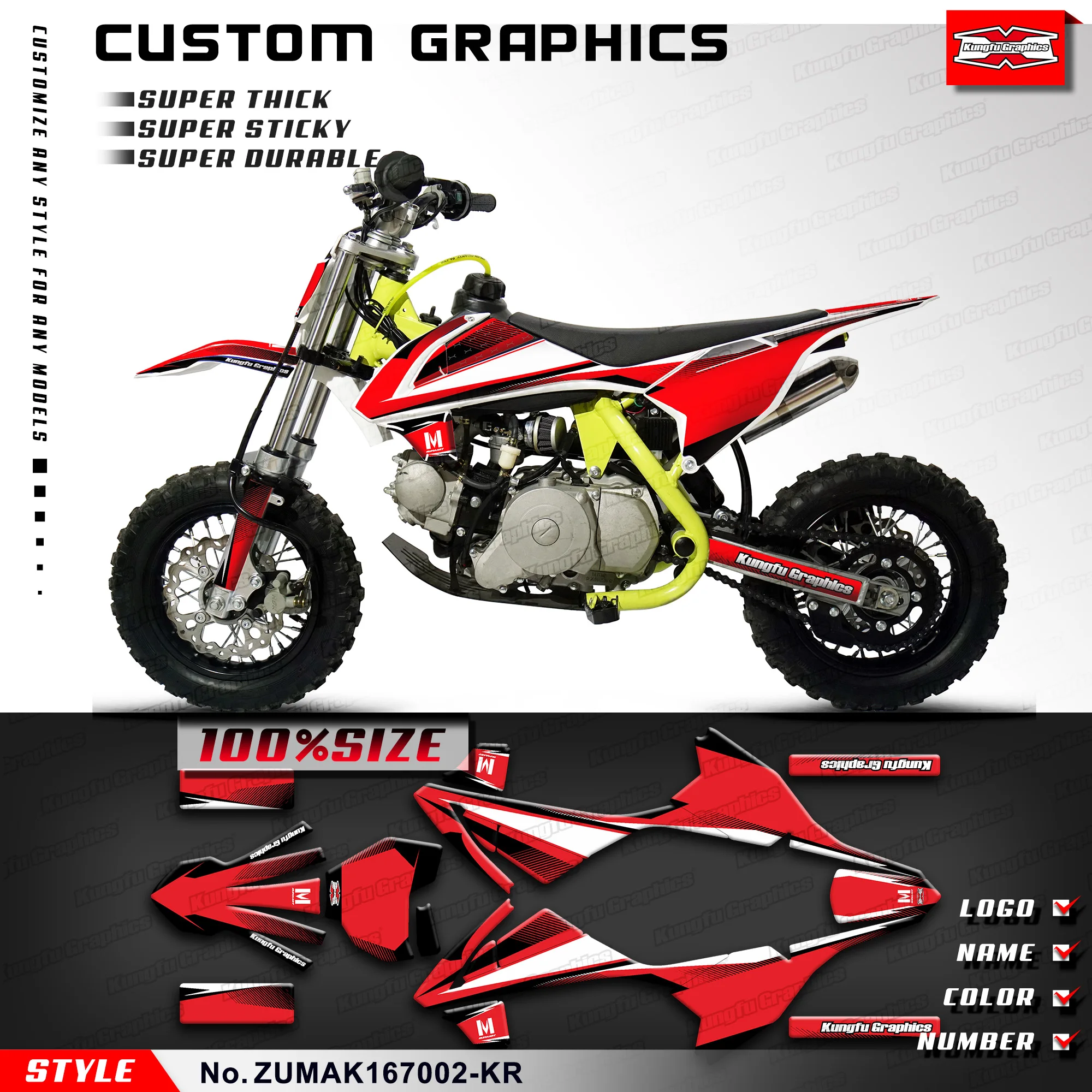 KUNGFU GRAPHICS Kids Mini Dirt Bike Racing Graphics Adhesive Sticker for ZUUMAV K1 50 60 70, Accessory, ZUMAK167002-KR