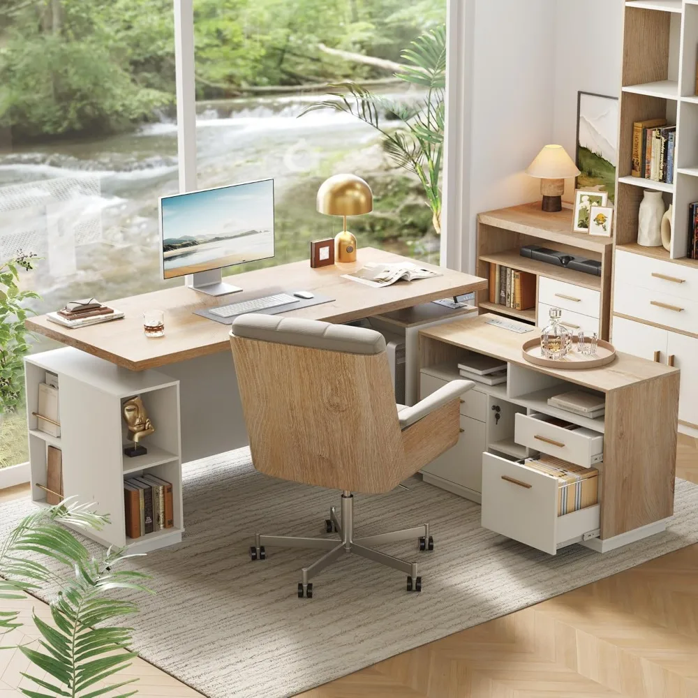 

"71-inch l-shaped electric height adjustable desk with dual file cabinets, ac/usb outlets, and 1.18-inch thick desk surface"