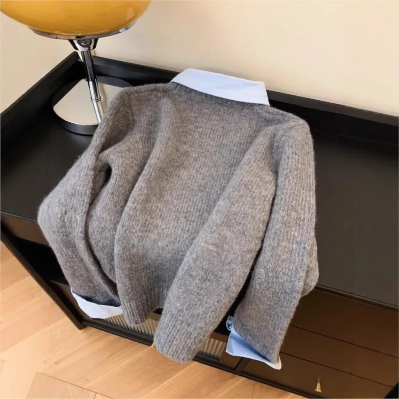 

Fake Two shirts Collar Sweater Women's Autumn Outfit New Lazy Linterior Gray sweater with lapel inside Knit Sweater Warm Female