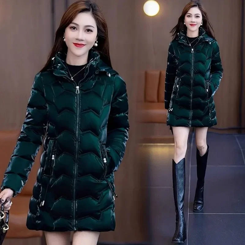 Pearlescent Colorful Cotton Jacket for Women Medium Long 2024 New Winter Cotton Jacket Stylish Slimming Shiny Thick Cotton Coat