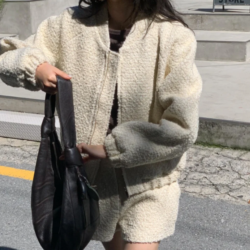 

Женский шерстяной бейсбольный топ Jaet, осенний модный универсальный грубый твид, свободный топ на молнии, Thiened Long Sve V-Ne