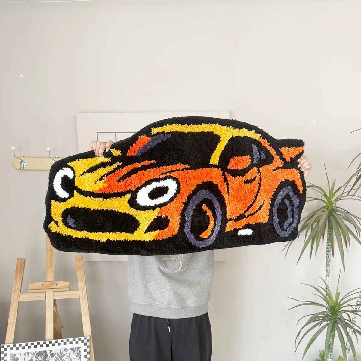 Cute Cartoon Race Car Tufted Rug, Soft Flocking Car Shaped Mat, Non-Slip Trendy Decor for Man Cave,  Car Lovers' Living Space