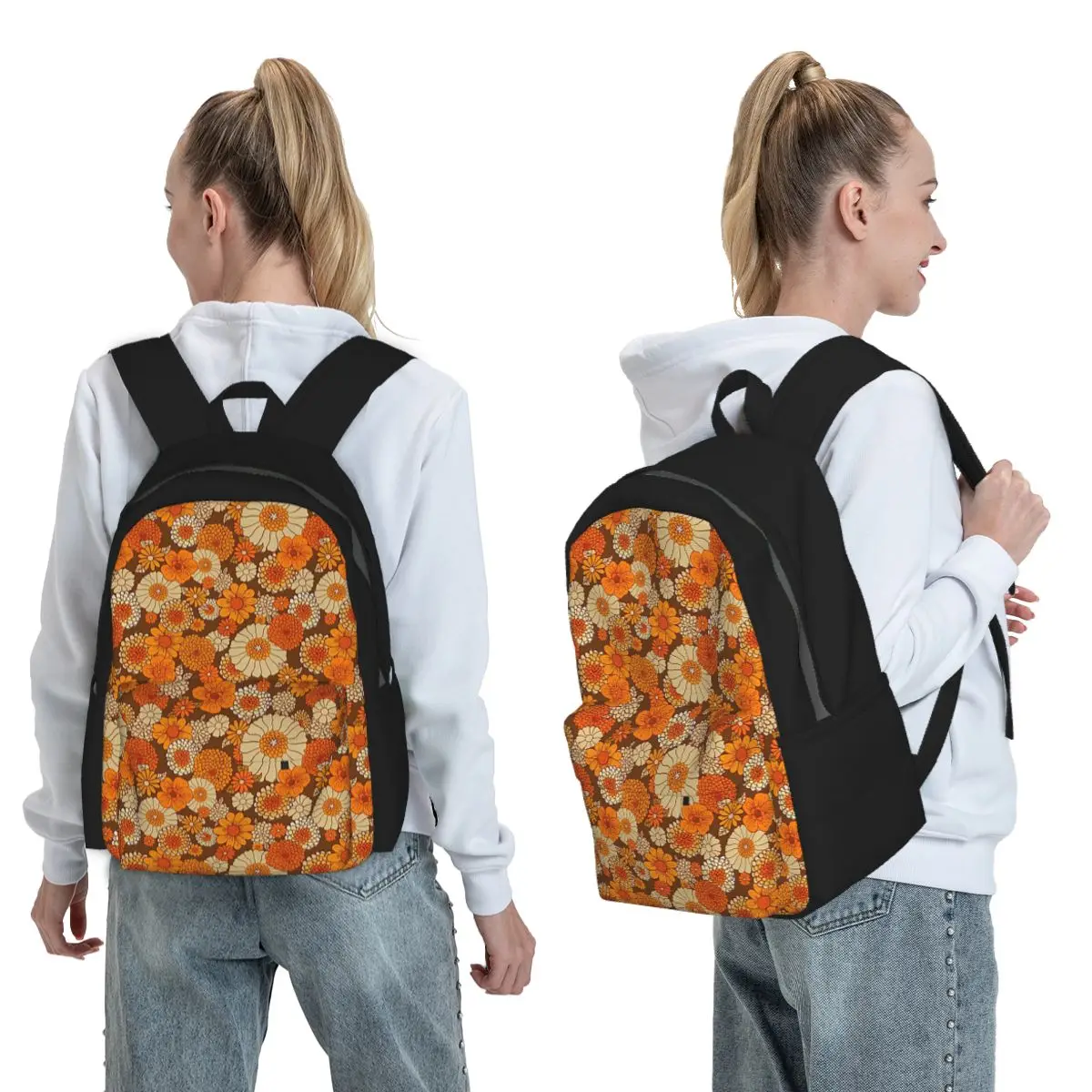 

70s Retro Daisies Flower Power Orange And Brown Boho Backpack BookBag Kids School Bag Computer Shoulder Bags for Men Women