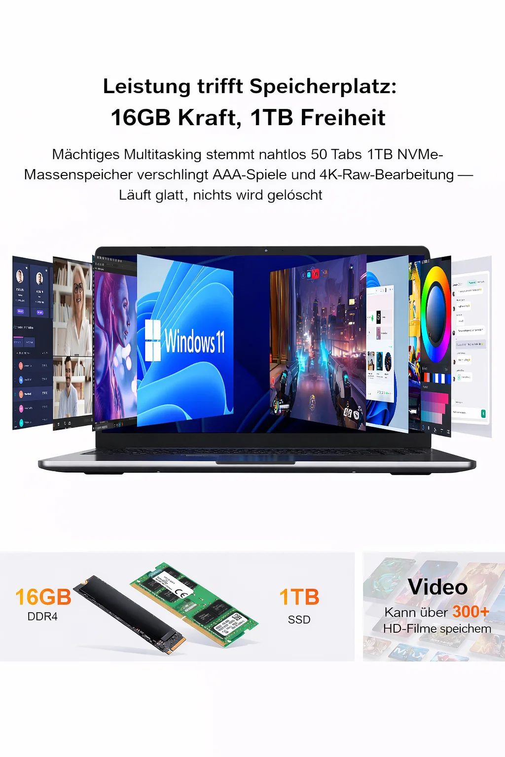 Ninkear A15 Pro Laptop 16GB RAM 1TB SSD 16 Zoll 2.5K 120Hz IPS Display AMD Ryzen 5 5500U Windows 11 beleuchtete Tastatur WiFi 6 Fingerabdrucksensor für Büro Studium Multitasking – Detail 5