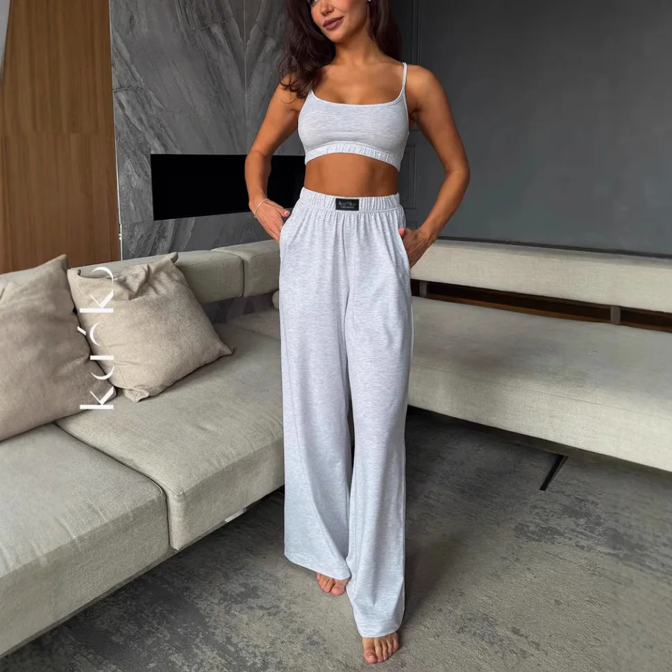 

2025 summer new women's fashion suspender vest wide-leg trousers set two pieces of loungewear