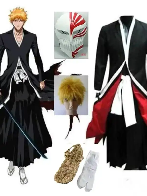 

Аниме-костюм Блич: Ичиго Куросаки, Банкай, маска Холлоу, парик, мужской, для Хэллоуина, косплей