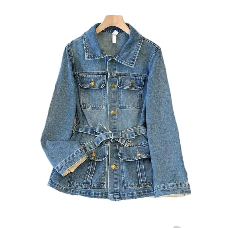Mid-Length Blue Denim Jacket Wath Sashes Casual Loose Multi-Pocket Lapel Single-Breasted Long Sleeve Spring Women Jeans Jackets
