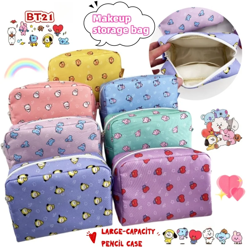 Estojo de cosméticos de grande capacidade com personagens criativos BT21 Koya Shaky Chimmy Tata, bolsa de armazenamento, estojo de lápis fofo de desenho animado para estudantes.