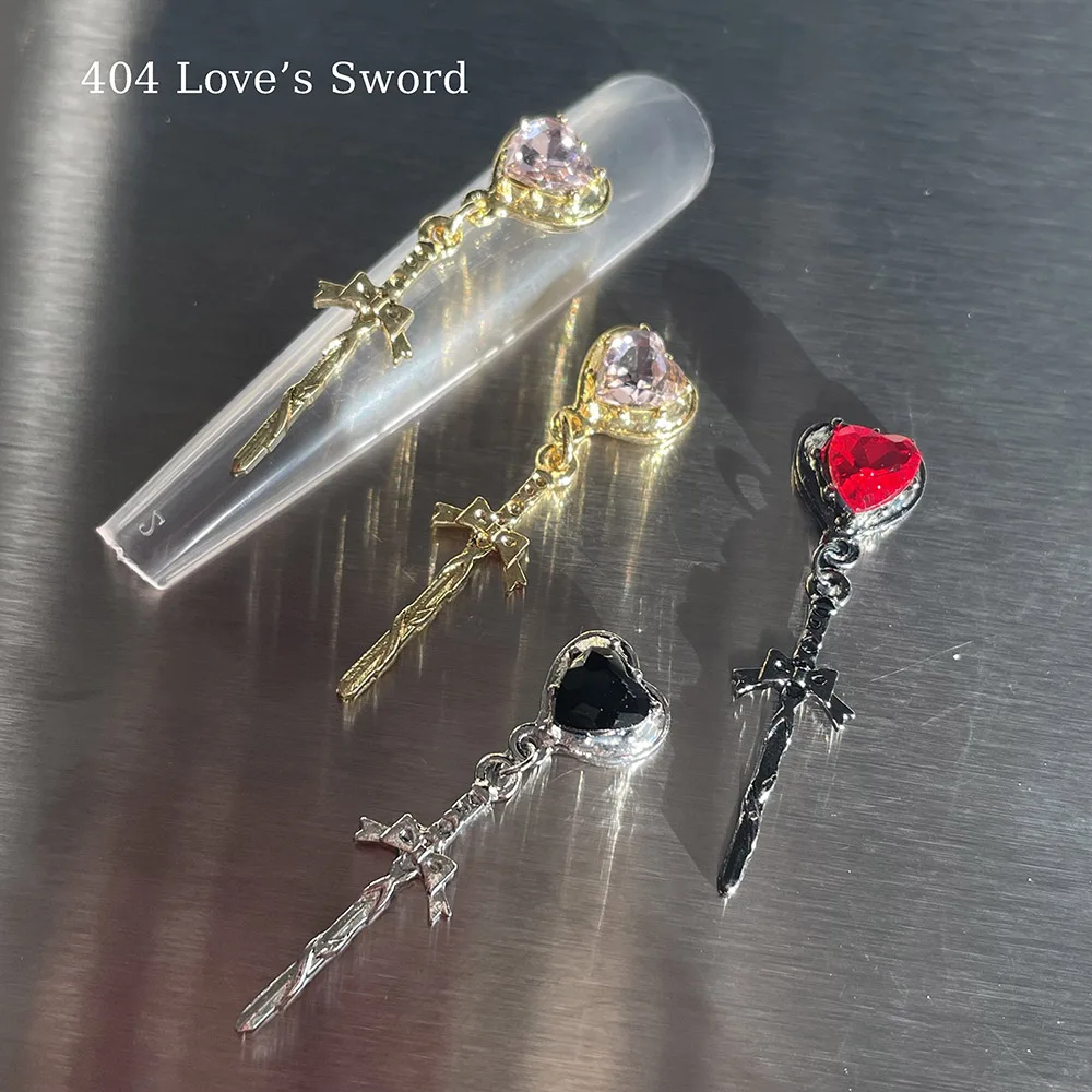 -Love‘s Sword- Gothic Savage Girl Heart Pendant Beauty Warrior Chrome Bowknot Cross Rapier Metallic Alloy Nail Gel Tip Charm 404