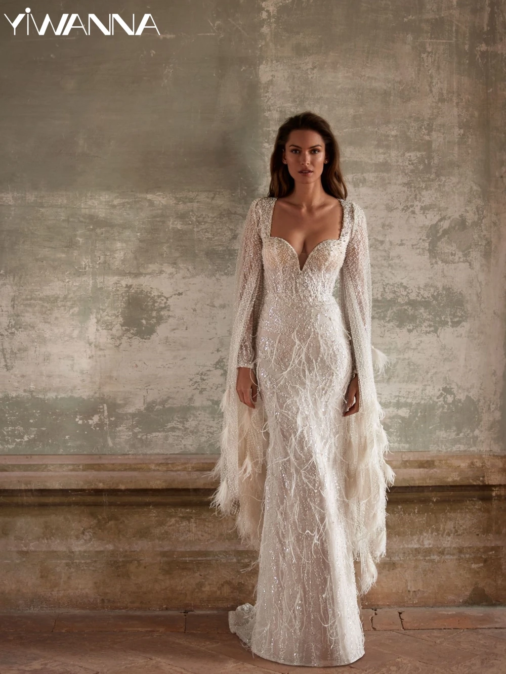 Luxurious Beaded Feathers Wedding Dress V-neck Long Sleeve Bridal Gown 2026 Customized Graceful Mermaid Dresses For Bride