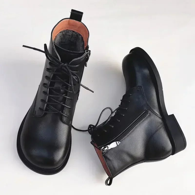 Wide Toe Real Wool Boots Winter 2024 Women Shoes with Long Noses Sheepskin Natural Leather Sheep Fur Short Boots Snow Boots