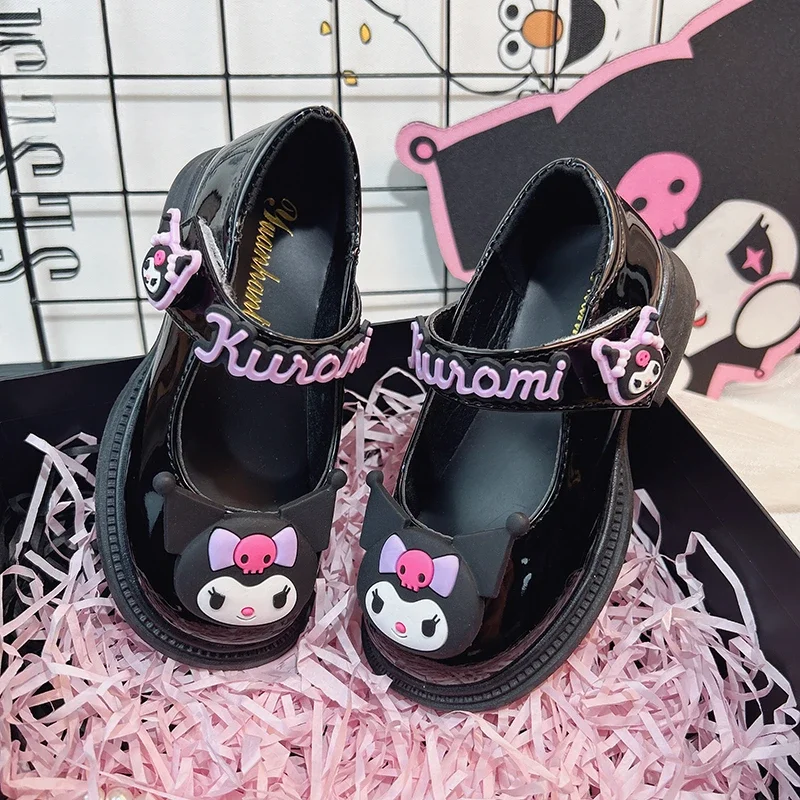 2024 New Sanrio Kuromi Black Lolita Princess Leather Shoes Girls Fashion Soft Sole Kawaii Cartoon Anime Character Accessories