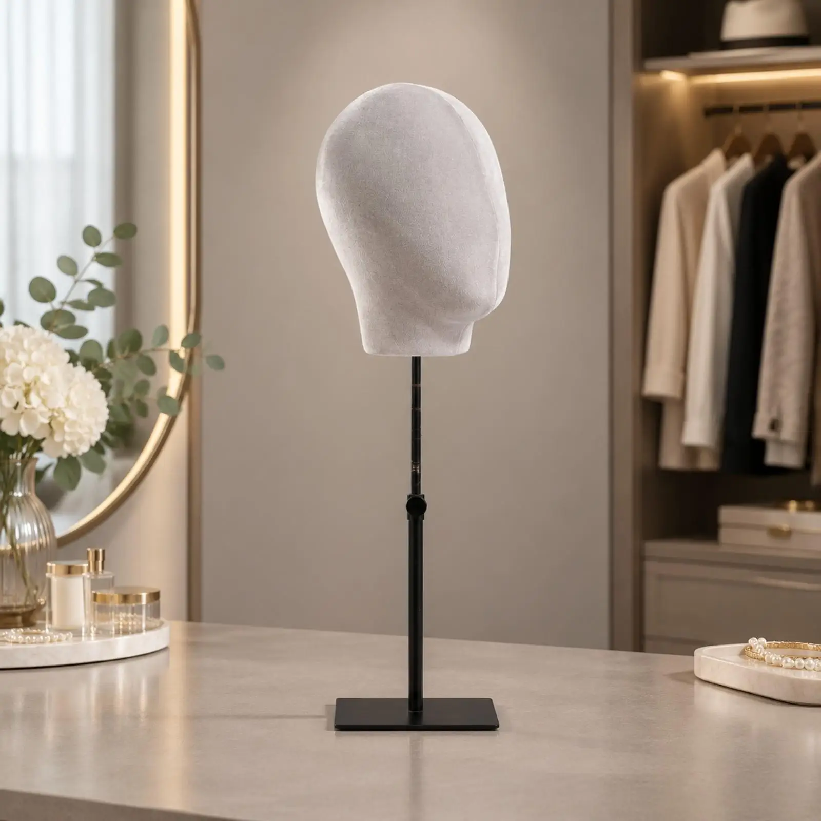 Linen Head Form Hat Display Stand with Metal Base Adjustable Height Knob for Boutique Headwear Showcase Countertop Decor