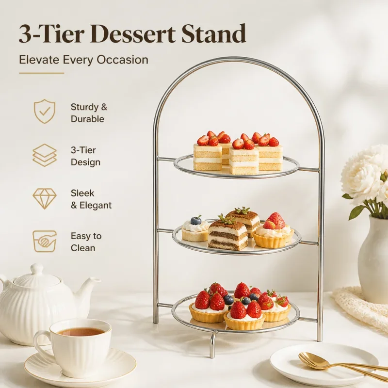Stainless Steel Cake Plate Stand for Pastries, Decorative Fruit Snack Holder,Wedding Party Table Centerpiece, Metal Serving Tray