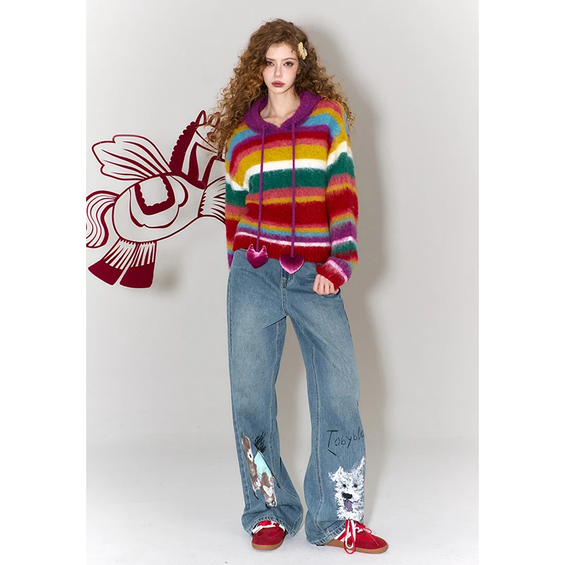 ELFSACK Women's Y2K Wide Leg Jeans with Animal Graffiti Print, Loose Denim Pants for Daily Casual Outfits