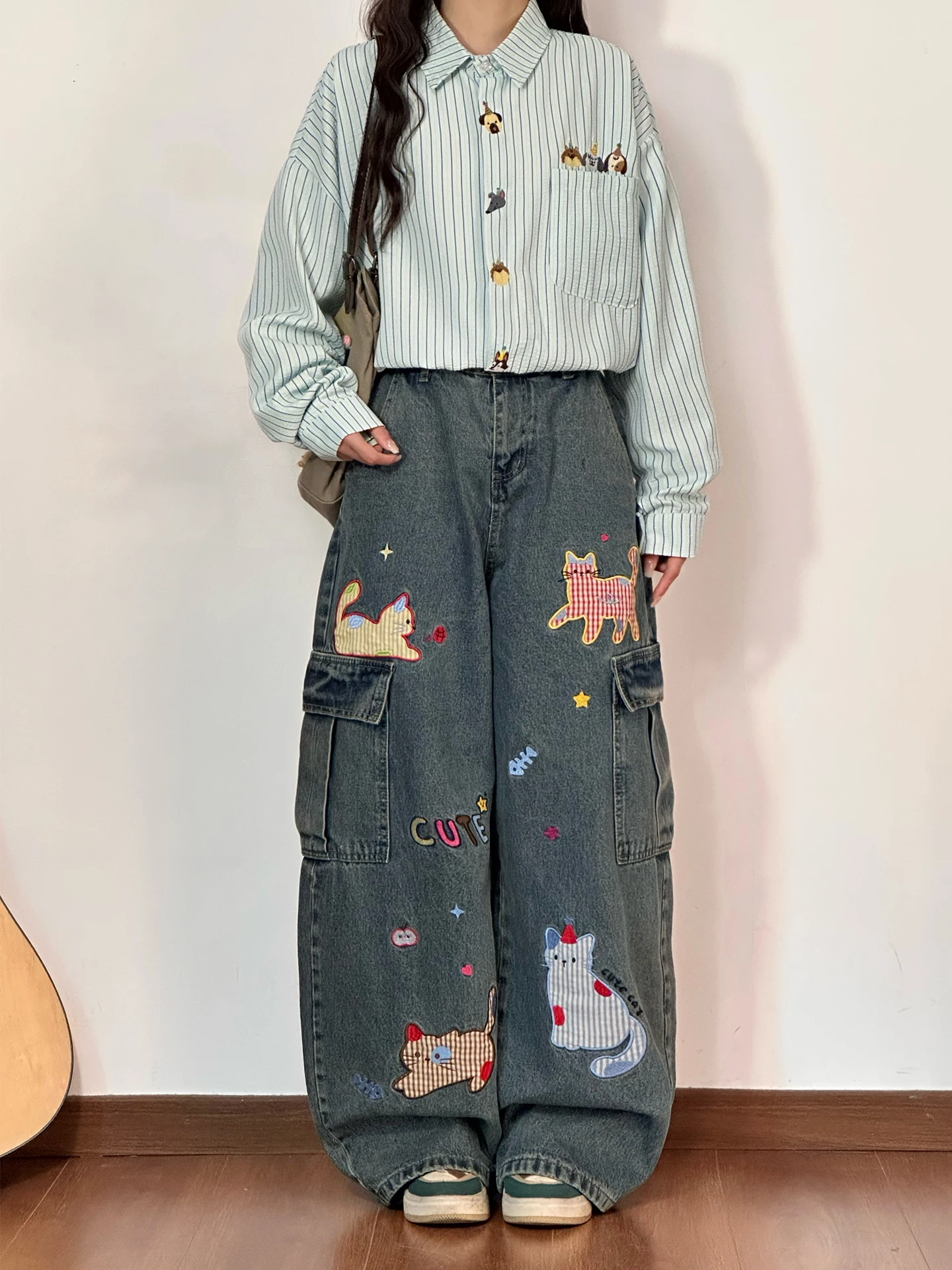

Original American Cartoon Embroidery Workwear Jeans Women's Loose Wide Leg Long Pants Spring New Sle Vintage Denim Pants