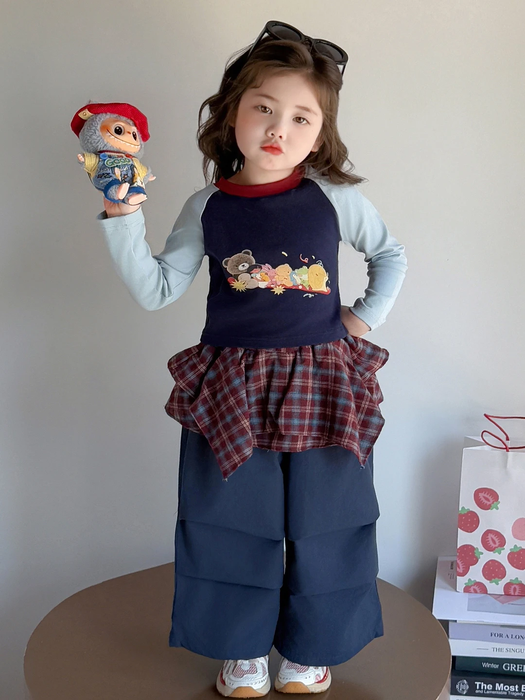 

Girls Plaid Skirt Pants Set Spring Autumn 2025 Korean Sle Long Sve T-irt Plaid Hem Pants Two Piece Set Children's Clot...