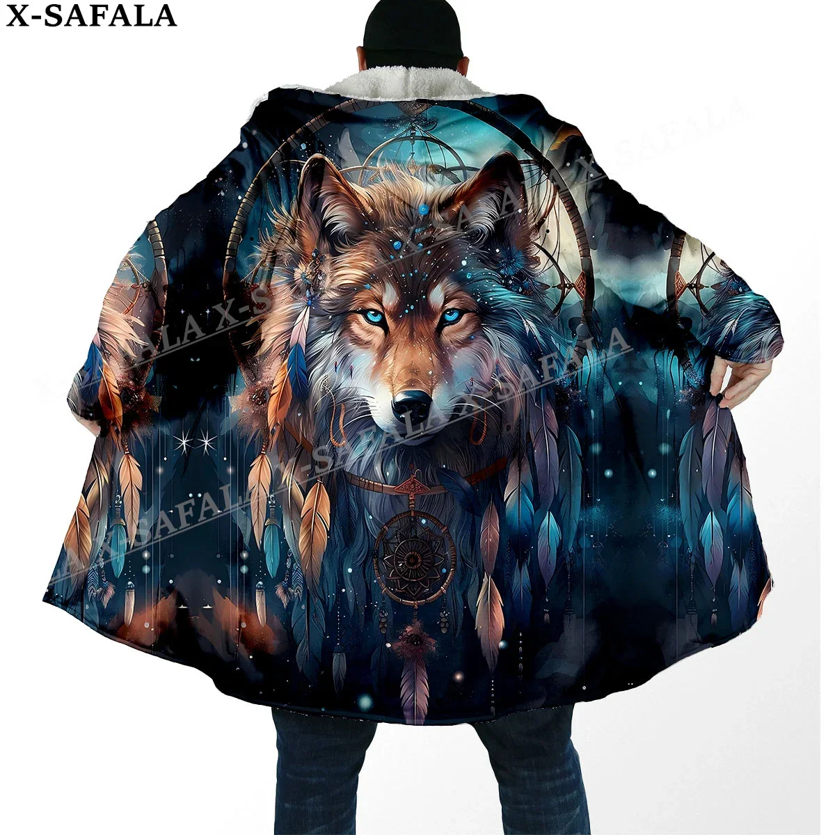 Elegant Native Wolf Spirit Totems Arts Thick Warm Hooded Cloak Men Overcoat Coat Windproof Fleece Cape Robe Hooded Blanket-2