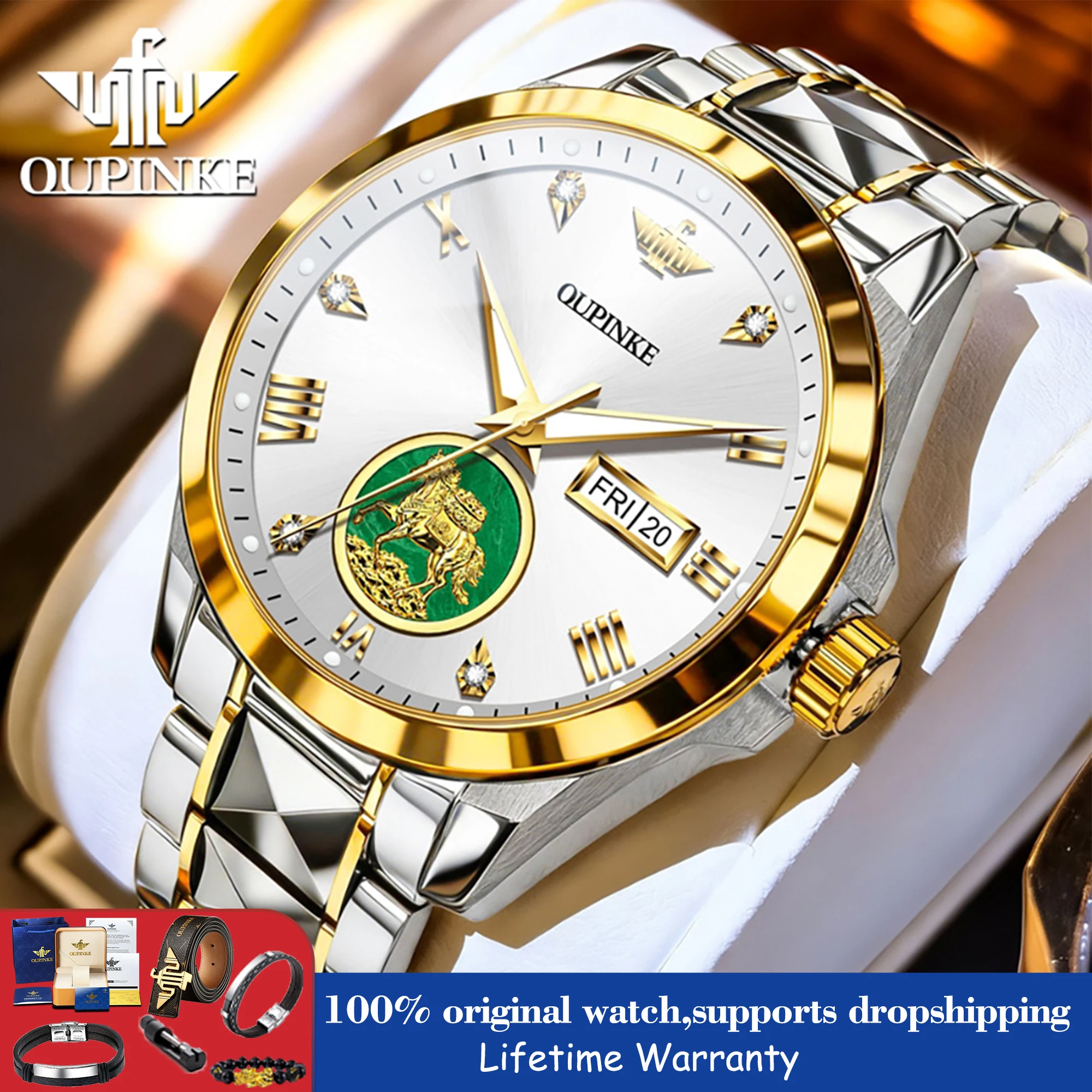 OUPINKE 3331 Luxus Herren Automatik-Mechanische Uhr Doppelkalender Wasserdicht Edelstahl Gold Pferdegravur Geschäftsuhr