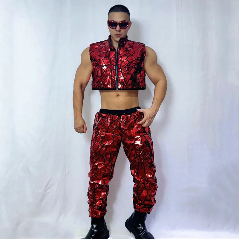 Silver Red Laser Sequins Vest Pants Jazz Hip Hop Dance Costume Male Singer Dancer Groups Nightclub Carnival Party Stage Wear